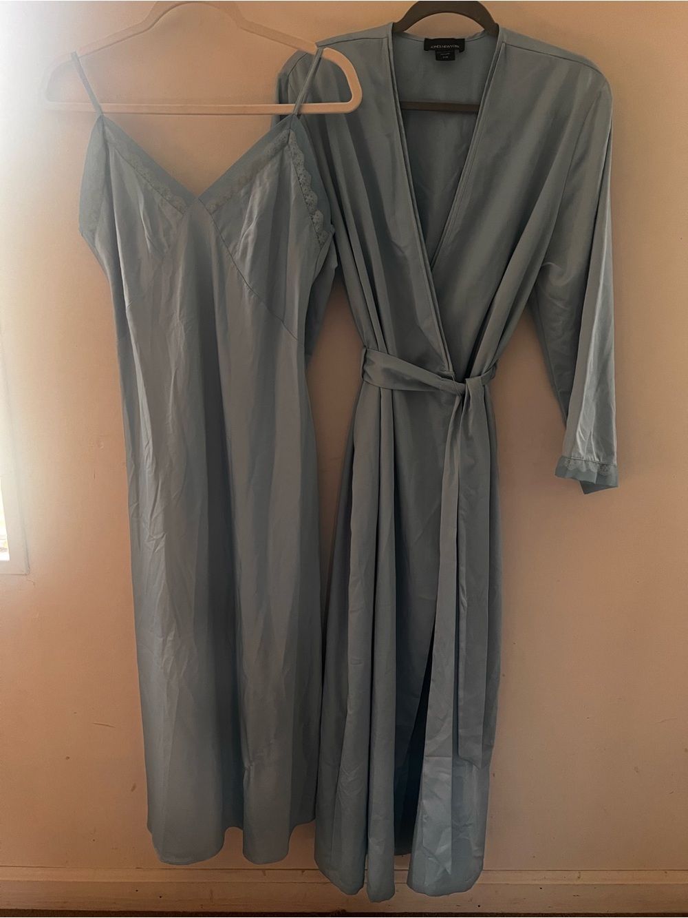 Jones New York Blue Satin Robe & Nightgown Set Medium Lace Trim Long Sleepwear